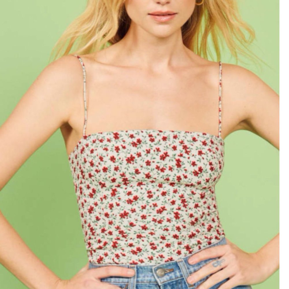 Reformation Cream Floral Spaghetti-Strap Crop Top with Red Flowers